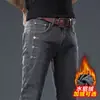 Jeans grosso forrado com fleece popular masculino outono e inverno estilo coreano slim stretch estudante do ensino médio skinny legal moderno calças de rapaz
