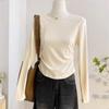 Camiseta de Algodón Puro Primavera y Otoño de Hombro Manga Larga para Mujer Color Sólido Bordado de Lazo Plisada Cuello Redondo Combinable Camiseta Base Top