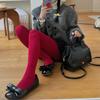 IOULOR Corea del Sur Popular en Internet Medias Planas Color Sólido Carmesí Profundo Life Plus Leggings de Entrepierna Pantalones Combinables para Otoño/Invierno