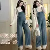 Em estoque Outono 2026 Moda Gestante Novo Estilo Menina Solto Emagrecedor Macacão Jeans Maternidade Conjunto de Duas Peças