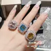 Conjunto Versa Brilliant Aquamarine 10*10 Brincos Anel Quadrado Retro Trigo Zircônio Diamante Rosa Princesa Banhado a Ouro 18K Feminino