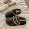 Chinelos de couro Birkenstock com sola grossa e forro de pelo 2026 novo estilo feminino inverno bico fechado slip-on sapatos quentes de algodão feminino