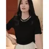 Camiseta Redonda de Manga Curta com Strass Estilo Europeu Zui Ping para Mulheres, Jovem, Fashion, Elegante, Exquisite, Versátil, Top de Alta Qualidade