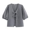 Conjunto Europeu e Americano Transfronteiriço de Verão para Mulheres, Blusas Xadrez de Amarrar, Casual Elegante Solto, Calças de Perna Larga de Cintura Alta