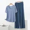 Nuevo Conjunto Casual Sencillo de Modal para Casa Camiseta de Manga Corta Pantalones de Pierna Ancha con Cordones Conjunto de Dos Piezas Tallas Grandes Holgado