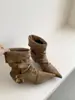 Botines de Tacón Kitten Punta Fina Tira Fruncida Tacón de Bloque 2025 Nuevo Retro Puño de Gamuza Hebilla Metálica Moda Botines