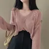 Suéter de Punto Coreano Chic de Primavera Estilo Perezoso Holgado Color Sólido Calado Seda de Hielo Delgado Manga Larga Longitud Media Cuello en V