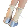 Calcetines con Lazo para Mujer, Calcetines de Media Pantorrilla de Gato de Dibujos Animados, Calcetines Dulces de Encaje Estilo Ballet con Felpa para Mujer, Calcetines Azules y Blancos