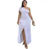8213 Roupa Feminina Transfronteiriça Europeia e Americana, Cor Sólida Sem Mangas Gola Diagonal Plissado Slim Fit Fenda Vestido Longo, Vestido de Festa Plus Size