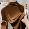 Camiseta Base de Cuello Alto Medio de Modal para Mujer en Otoño Estilo Nuevo con Terciopelo y Acolchada Cálida Interior Manga Larga Camiseta Superior