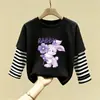 Nova Camiseta de Algodão Puro Patchwork com Gola Redonda e Manga Longa para Crianças, Estilo Fino, Primavera e Outono 2026, Meninas, Desenho Animado, Top Versátil