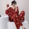Pijama de algodón y seda para mujer, nuevo estilo primavera y otoño, talla grande, conjunto estampado de manga larga, estilo popular de influencer en línea, ropa de casa de rayón para verano