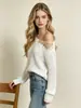 Suéter de punto calado con hombros descubiertos y rotos estilo europeo y americano transfronterizo para mujer, primavera y otoño, ajuste holgado casual, cuello redondo, top pullover de manga larga