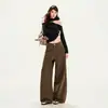 Jeans americanos de pierna ancha para mujer 2026 transfronterizos con doble pretina, pantalones largos casuales marrones y caqui, caqui extendido