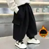 Pantalones de chándal cargo holgados para niños, bebés, otoño, invierno, pana, velour, forro polar, polar integrado, polar fino, pantalones cálidos