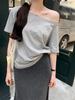 Camiseta Manga Longa Branca Asimétrica Ombro Só Pure Desire Feminina Outono Inverno Solta Camada Base Chic Preguiçoso Linda Blusa