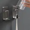Portacepillos de dientes de acero inoxidable, montado en la pared, estante de almacenamiento con drenaje de agua, no requiere taladro, portacepillos de dientes y vaso para enjuague bucal, modelo para parejas