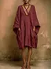 Vestido Midi Cor Sólida de Marca Independente Novo Estilo 2026 Europeu e Americano Decote V Manga Morcego Amazon Caimento Solto
