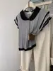 Tienda Insignia Shanghai Dan Nong / Nueva Camiseta de Punto de Seda Helada de Manga Corta Camiseta de Nicho Top con Bloques de Color y Cuello en V de Manga Acampanada