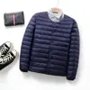 Jaqueta de plumas leve masculina gola redonda tamanho plus size forro de roupa íntima ultrafina leve sem gola estilo pai para homem de meia-idade e idoso com sobrepeso
