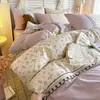 Conjunto Fresco de Renda de Quatro Peças Estilo Ins, Colcha Patchwork Tradicional de Algodão Lavado, Conjunto de Três Peças, Capa de Edredom Estilo Princesa Francesa
