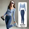 Conjunto de Yoga Feminino Justo, Conjunto de Duas Peças com Gola Quadrada Manga Longa Calça de Cintura Alta Levanta Bumbum, Roupa Esportiva Profissional para Treinamento de Pilates