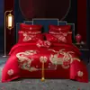 Set de Boda de Algodón con Bordado de Dragón y Fénix Juego de Varias Piezas Habitación de Boda Set de Cuatro Piezas de Algodón de Fibra Larga Ropa de Cama Festiva Roja para Boda