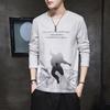 Camiseta de Manga Larga para Hombre Ajustada Talla Grande Gordo Talla Extra Grande Elástica Estilo Coreano Estampada Cuello Redondo Top Básico