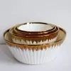 Tigela de Arroz Cerâmica Banhada a Ouro Exportação, Tigela Listrada Vertical, Tigela com Borda Dourada, Tigela de Sopa, Tigela Listrada com Aro Dourado
