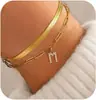 Pulsera de Moda con Colgante de Letra Inicial de Cristal Dorado Cuadrado Incrustado con Circonita, Cadena de Hueso de Serpiente, Capas, Cruzada Europea y Americana