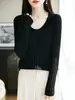 Camiseta de punto fina de lana para mujer, cuello redondo, estilo coreano, versátil, manga larga, para principios de otoño, 60 hilos, suéter fino