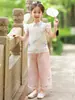 Hanfu Feminino Verão 2025 Novo Infantil Novo Estilo Chinês Estilo Nacional Camisa de Manga Voadora Calça Larga Leve Conjunto de Duas Peças