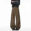 Pantalones anchos fluidos, pantalones rectos hasta el suelo, pantalones de trabajo de alta costura marrones deconstruidos con múltiples bolsillos para hombre, patchwork vintage