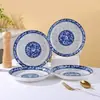 Venta caliente plato de cerámica azul y blanco plato de cocina para el hogar plato de color esmaltado plato de fruta 7 pulgadas 8 pulgadas plato para arroz