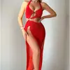 Suministro de Comercio Exterior Transfronterizo Europeo y Americano Nuevo Estilo Sexy Abertura Lateral Alta Cuello Halter Vestido Largo Conjunto de Lencería