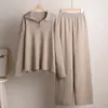 Conjunto de punto transfronterizo Otoño e Invierno Europeo y Americano Conjunto de suéter Cuello Polo Suéter de punto Pantalones de pierna ancha Conjunto de dos piezas