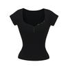 Camiseta Sexy Slim de Manga Curta com Gola Coração de Pêssego Estilo Pura Luxúria para Mulheres Verão Nova Sexy Slimming Look Top Básico de Ombro Direito