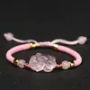 Pulseira Pixiu Pequena de Cristal Rosa Natural Pulseira Tecida com Corda Vermelha de Pedra de Hibisco para Sorte Pulseira de Mão Presente para Namorada Dung para Mulheres