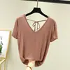 Camiseta Casual de Modal Feminina Verão Nova Estilo Coreano Slim Fit Costas Abertas Decote V Manga Curta Camisa Básica plus size Top Interno