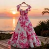 Popular vestido largo de tirantes con estampado floral rosa transfronterizo europeo y americano, entallado en la cintura, adelgazante, elegante, vestido de línea A estilo resort