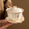 Cuenco de té chino de tres piezas con tapa de orquídea glaseada de arroz amarillo, tazón de té de gran capacidad para el hogar con tapa, juego de té de Kung Fu no caliente