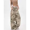 Jeans de camuflaje con bordado de rama de letra desgastada vintage americano, pantalones rectos de pierna ancha versátiles unisex