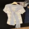 Top de Punto a Rayas de Manga Corta con Cuello Chal, Nuevo Estilo Verano 2026, Top Sencillo de Manga Corta con Cuello en V