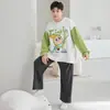 Pijama de algodón puro de manga larga para niños talla grande, para primavera y otoño, cuello redondo, conjunto de ropa de casa estilo caricatura para jóvenes, holgado y moderno