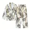 Pijama de seda helada con estampado de leopardo para mujer, nuevo estilo primavera y otoño, conjunto de ropa de casa de seda helada de lujo de alta gama, venta al por mayor transfronteriza