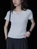 Camiseta de Manga Corta Estilo Retro para Viajeros para Mujer, Verano Ajustada con Cuello en V, Suéter Gris, Top Sencillo de Punto de Verano