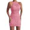 Vestido de Lentejuelas Cubre Caderas Sexy con Cuello Halter de Nueva Moda Transfronteriza Europea y Americana 2025 Vestido de Noche de Cintura Media