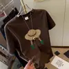Camiseta de Manga Corta de Algodón Puro Cepillado para Mujer, Moderna y Versátil, Rejuvenecedora y Adelgazante, Color Café, Top Elegante para Primavera, Otoño y Verano