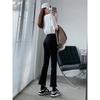 Pantalones Campana Negros para Mujer Primavera y Otoño Cintura Alta Adelgazantes Jeans Recortados Ajustados de Alta Moda Borla Roja Ligeramente Largos