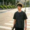 Jingwei Zhilian|Camiseta Premium Estilo Americano High Street Lavada Vintage Manga Curta, Manga de Cinco Quartos Oversized, Transfronteiriça